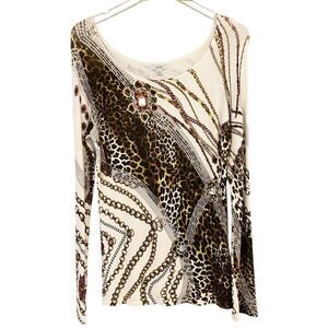 Cache VTG Light Sweater Jewel Brooch Embellished Animal Print Royalty Y2K Sz M